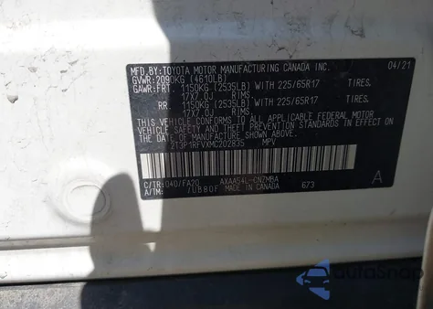 2021 Toyota Rav4 Xle from USA, damaged, VIN 2T3P1RFVXMC202835